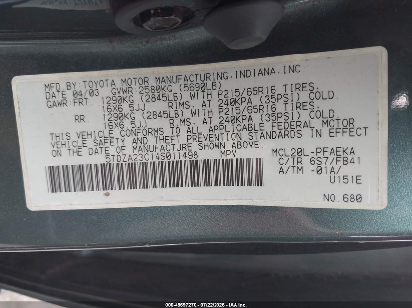 2004 Toyota Sienna VIN 5TDZA23C14S011498 IAAI salvage auction — NORMAL WEAR, Clear (New Jersey), sold $600 on 2026-07-30 (photo 9)