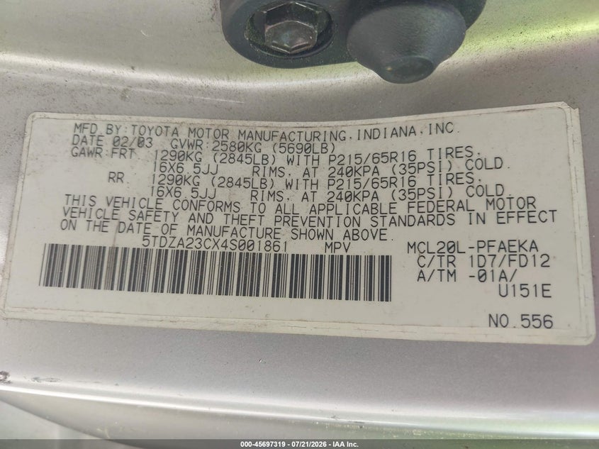 2004 Toyota Sienna VIN 5TDZA23CX4S001861 IAAI salvage auction — RIGHT SIDE, Clear (Florida), sold $25 on 2026-07-29 (photo 9)