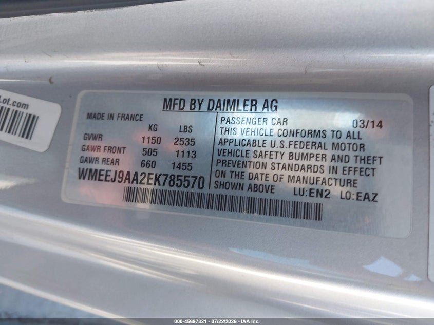 2014 Smart Fortwo VIN WMEEJ9AA2EK785570 IAAI salvage auction — NORMAL WEAR, Clear - Dealer Only (California), sold $1,100 on 2026-08-03 (photo 9)