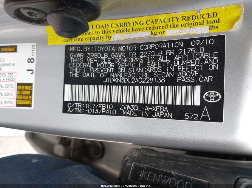 2010 Toyota Prius VIN JTDKN3DU2A0228138 IAAI salvage auction — NORMAL WEAR, Clear (Missouri), sold $300 on 2026-07-30 (photo 9)
