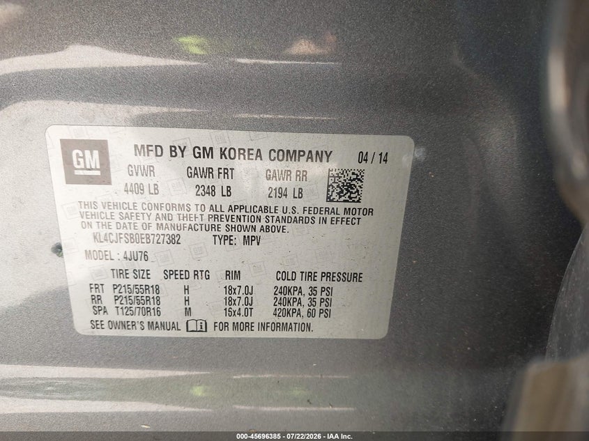 2014 Buick Encore VIN KL4CJFSB0EB727382 IAAI salvage auction — NORMAL WEAR, Clear (Washington), sold $550 on 2026-07-30 (photo 9)
