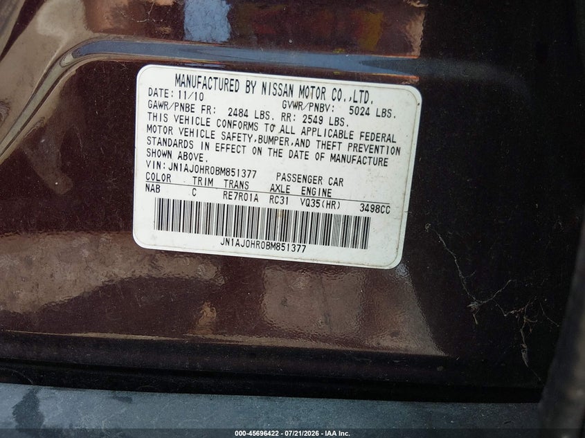 2011 Infiniti Ex35 VIN JN1AJ0HR0BM851377 IAAI salvage auction — NORMAL WEAR, Original (Ohio), sold $25 on 2026-07-30 (photo 9)