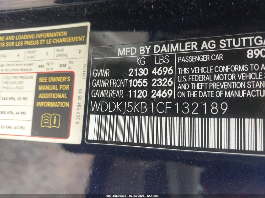 2012 Mercedes-benz E-klasse VIN WDDKJ5KB1CF132189 IAAI salvage auction — FRONT END, Salvage (Florida), sold $1,100 on 2026-08-03 (photo 9)