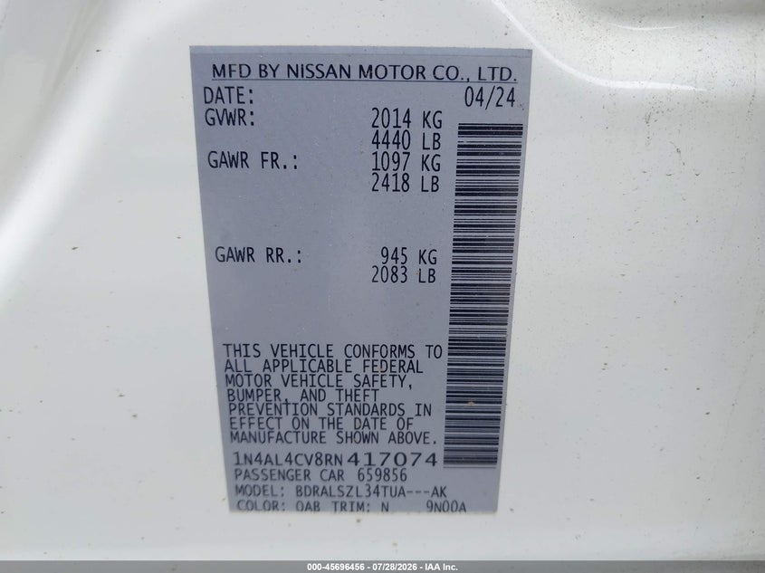 2024 Nissan Altima VIN 1N4AL4CV8RN417074 IAAI salvage auction — FRONT END, Salvage Title, sold $8,500 on 2026-09-01 (photo 9)
