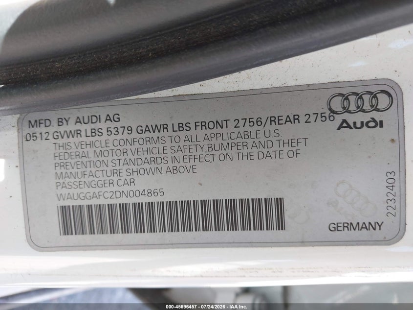 2013 Audi A6 VIN WAUGGAFC2DN004865 IAAI salvage auction — NORMAL WEAR, Clear (Florida), sold $875 on 2026-08-23 (photo 9)