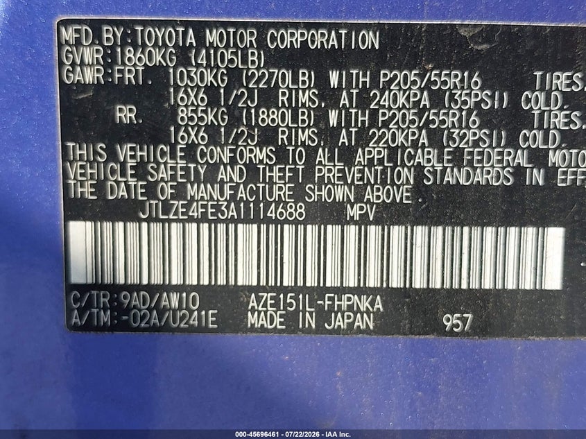 2010 Scion Xb VIN JTLZE4FE3A1114688 IAAI salvage auction — NORMAL WEAR, Clear (Maryland), sold $125 on 2026-07-30 (photo 9)