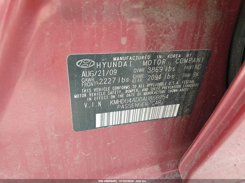 2010 Hyundai Elantra VIN KMHDU4AD0AU866754 IAAI salvage auction — NORMAL WEAR, Clear (Illinois), sold $25 on 2026-07-28 (photo 9)