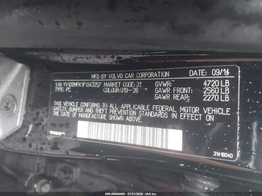 2015 Volvo S60 VIN YV126MFK1F1343257 IAAI salvage auction — NORMAL WEAR, Clear (New Jersey), sold $425 on 2026-08-04 (photo 9)