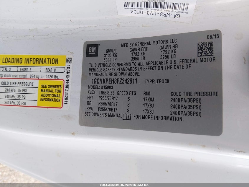 2015 Chevrolet Silverado 1500 VIN 1GCNKPEH8FZ342811 IAAI salvage auction — NORMAL WEAR, Sf97 (Arizona), sold $11,050 on 2026-08-25 (photo 9)