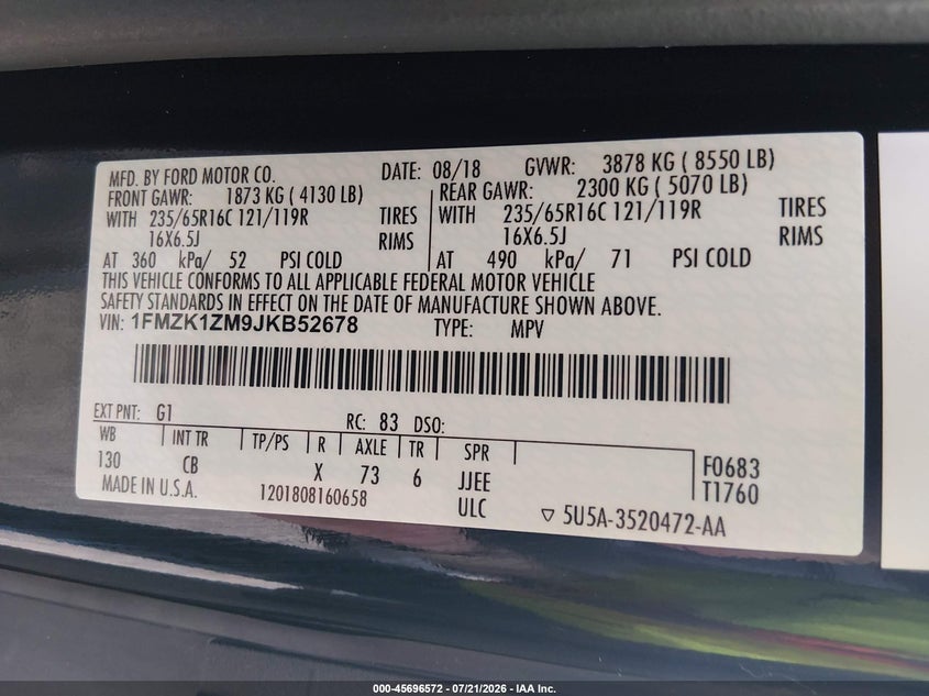 2018 Ford Transit 150 VIN 1FMZK1ZM9JKB52678 IAAI salvage auction — NORMAL WEAR, SF97 (Maryland), sold $17,475 on 2026-08-18 (photo 9)