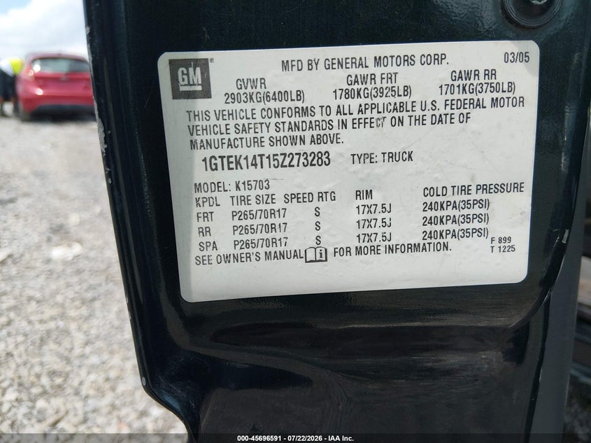 2005 Gmc Sierra 1500 VIN 1GTEK14T15Z273283 IAAI salvage auction — FRONT END, Salvage (Tennessee), sold $700 on 2026-07-30 (photo 9)