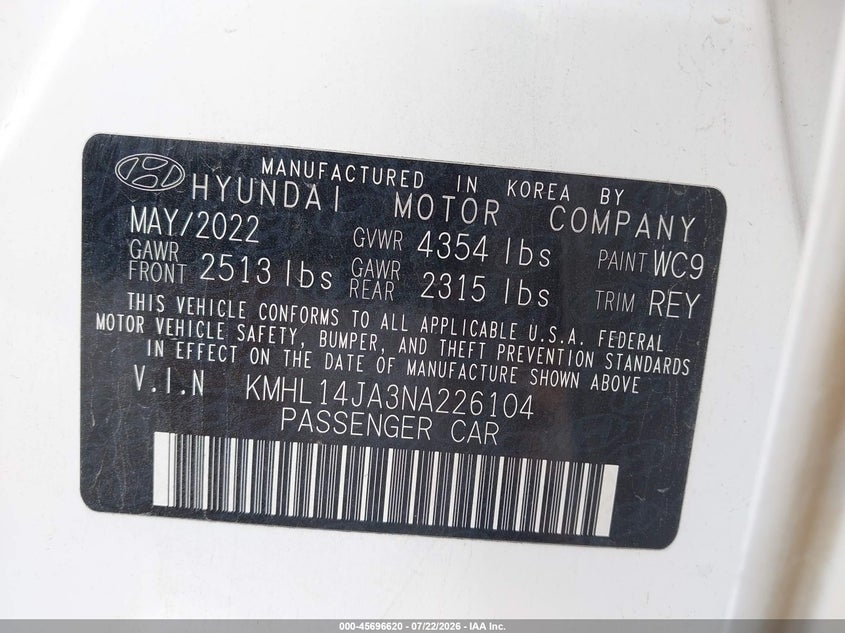 2022 Hyundai Sonata VIN KMHL14JA3NA226104 IAAI salvage auction — RIGHT FRONT, Salvage (North Carolina), sold $6,300 on 2026-08-26 (photo 9)