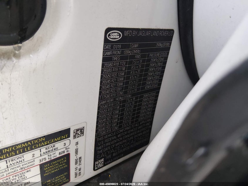 2019 Land rover Range rover velar VIN SALYA2EX6KA214238 IAAI salvage auction — LEFT FRONT, Salvage Title, sold $6,800 on 2026-08-29 (photo 9)