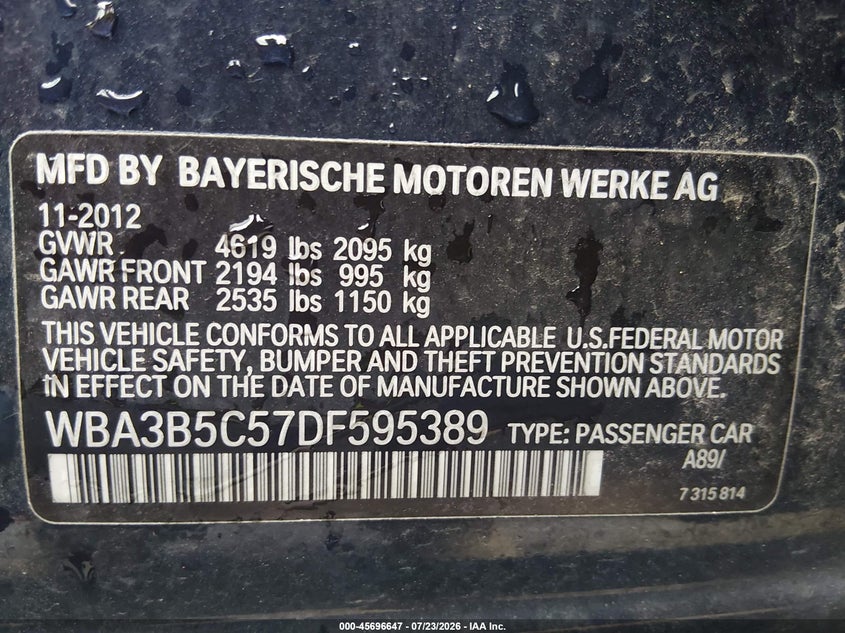 2013 BMW 3er VIN WBA3B5C57DF595389 IAAI salvage auction — RIGHT SIDE, Salvage (Kansas), sold $2,400 on 2026-08-20 (photo 9)