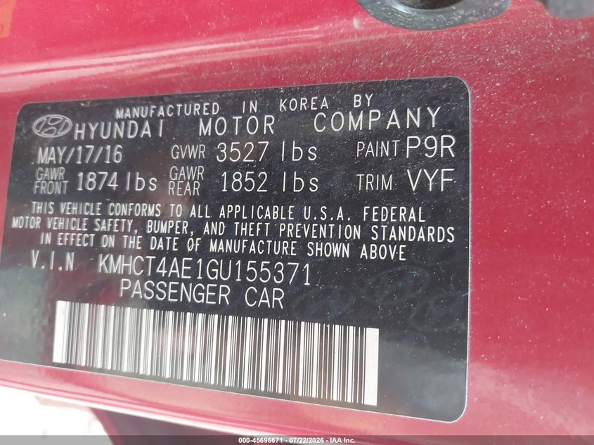 2016 Hyundai Accent VIN KMHCT4AE1GU155371 IAAI salvage auction — NORMAL WEAR, Original (Ohio), sold $250 on 2026-07-28 (photo 9)