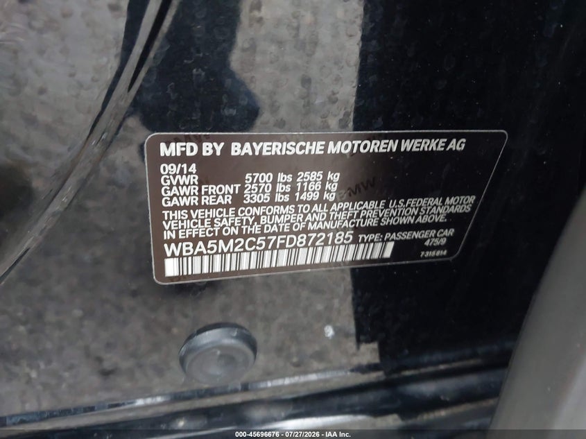 2015 BMW 5er VIN WBA5M2C57FD872185 IAAI salvage auction — FRONT END, Rebuildable (Florida), sold $2,700 on 2026-08-20 (photo 9)