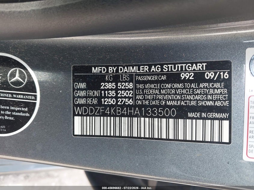2017 Mercedes-benz E-klasse VIN WDDZF4KB4HA133500 IAAI salvage auction — UNDERCARRIAGE, Wait Title, sold $7,000 on 2026-08-08 (photo 9)