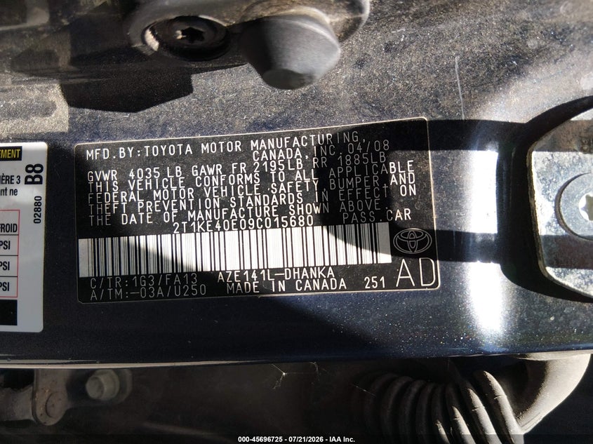 2009 Toyota Matrix VIN 2T1KE40E09C015680 IAAI salvage auction — NORMAL WEAR, Clear (Louisiana), sold $1,250 on 2026-08-08 (photo 9)