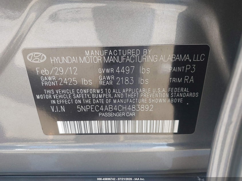 2012 Hyundai Sonata VIN 5NPEC4AB4CH483892 IAAI salvage auction — NORMAL WEAR, Clear - Dealer Only (California), sold $25 on 2026-07-28 (photo 9)