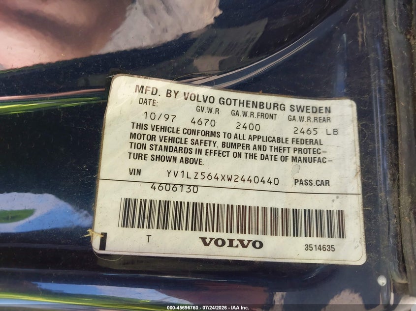 1998 Volvo V70 VIN YV1LZ564XW2440440 IAAI salvage auction — NORMAL WEAR, Clear (Washington), sold $250 on 2026-08-05 (photo 9)