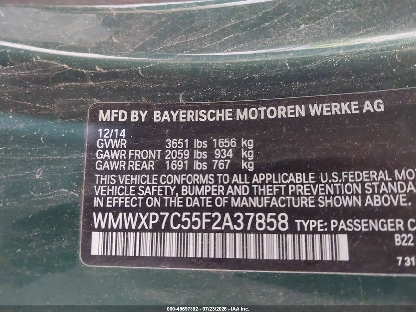 2015 Mini Hard top VIN WMWXP7C55F2A37858 IAAI salvage auction — FRONT END, Salvage Title, sold $400 on 2026-08-05 (photo 9)