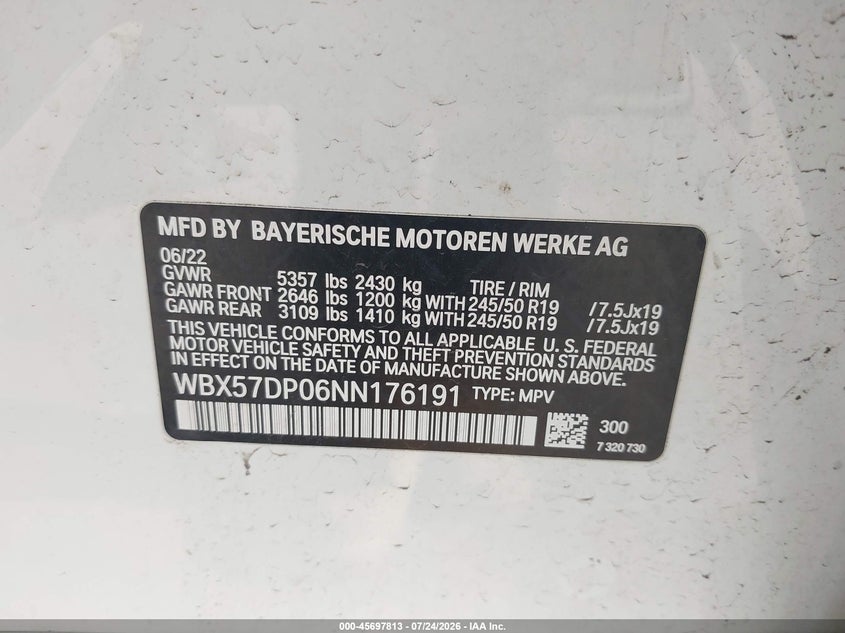 2022 BMW X3 VIN WBX57DP06NN176191 IAAI salvage auction — HAIL, Salvage (Ohio), sold $16,200 on 2026-08-01 (photo 9)