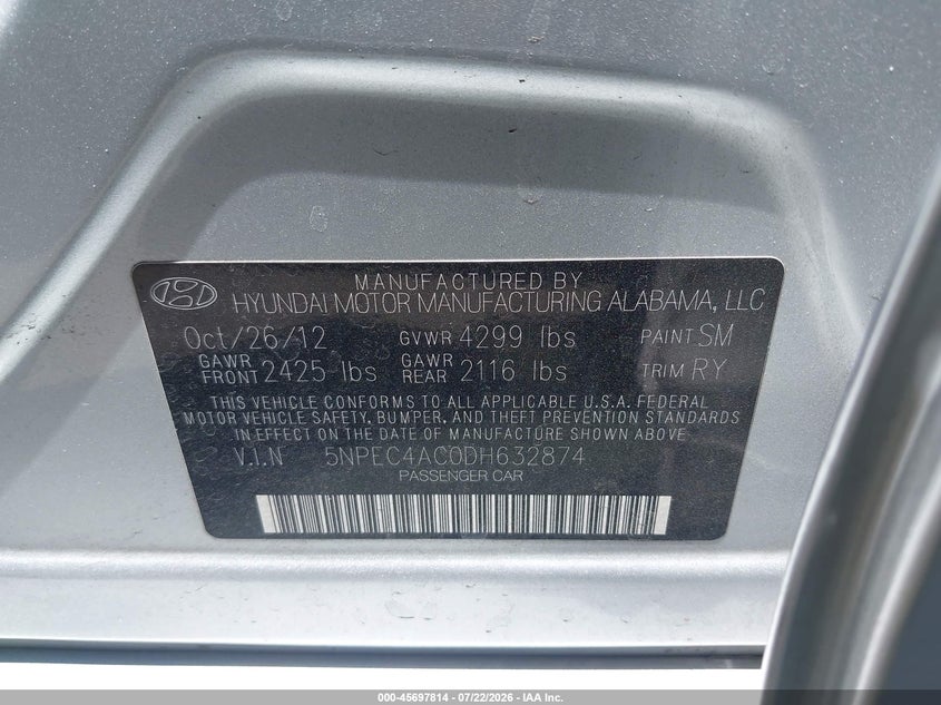 2013 Hyundai Sonata VIN 5NPEC4AC0DH632874 IAAI salvage auction — RIGHT FRONT, Salvage Certificate (California), sold $1,000 on 2026-08-01 (photo 9)