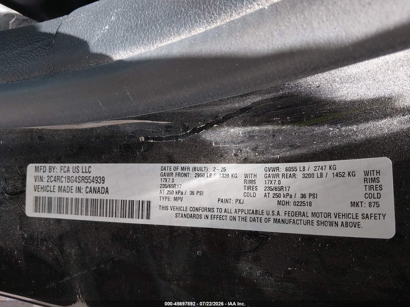 2025 Chrysler Pacifica VIN 2C4RC1BG4SR554939 IAAI salvage auction — UNDERCARRIAGE, Salvage Title, sold $16,000 on 2026-08-19 (photo 9)