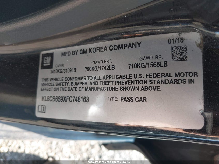 2015 Chevrolet Spark VIN KL8CB6S9XFC748163 IAAI salvage auction — NORMAL WEAR, Clear (Virginia), sold $25 on 2026-07-28 (photo 9)