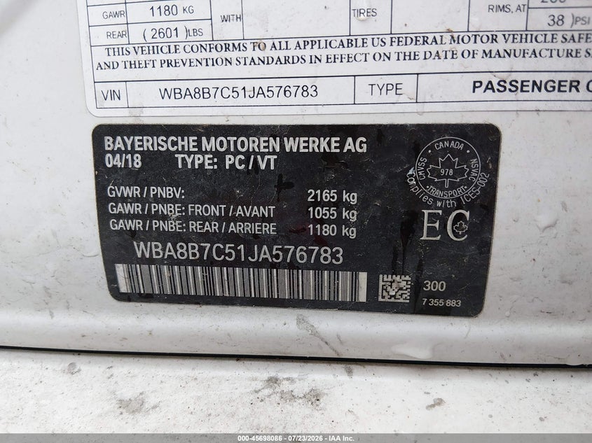 2018 BMW 3er VIN WBA8B7C51JA576783 IAAI salvage auction — WATER/FLOOD, Salvage Title, sold $7,100 on 2026-10-16 (photo 9)
