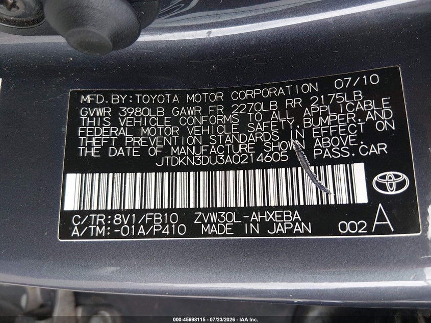 2010 Toyota Prius VIN JTDKN3DU3A0214605 IAAI salvage auction — NORMAL WEAR, Clear-Dealer Only (Oregon), sold $925 on 2026-07-30 (photo 9)