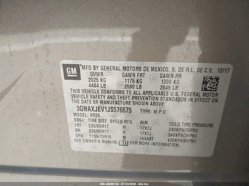 2018 Chevrolet Equinox VIN 3GNAXJEV1JS576675 IAAI salvage auction — RIGHT FRONT, Wait Title, sold $3,650 on 2026-08-03 (photo 9)