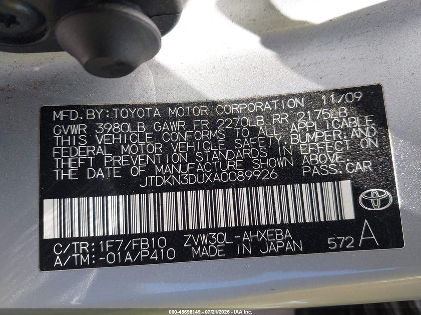 2010 Toyota Prius VIN JTDKN3DUXA0089926 IAAI salvage auction — NORMAL WEAR, Clear - Dealer Only (California), sold $525 on 2026-07-29 (photo 9)