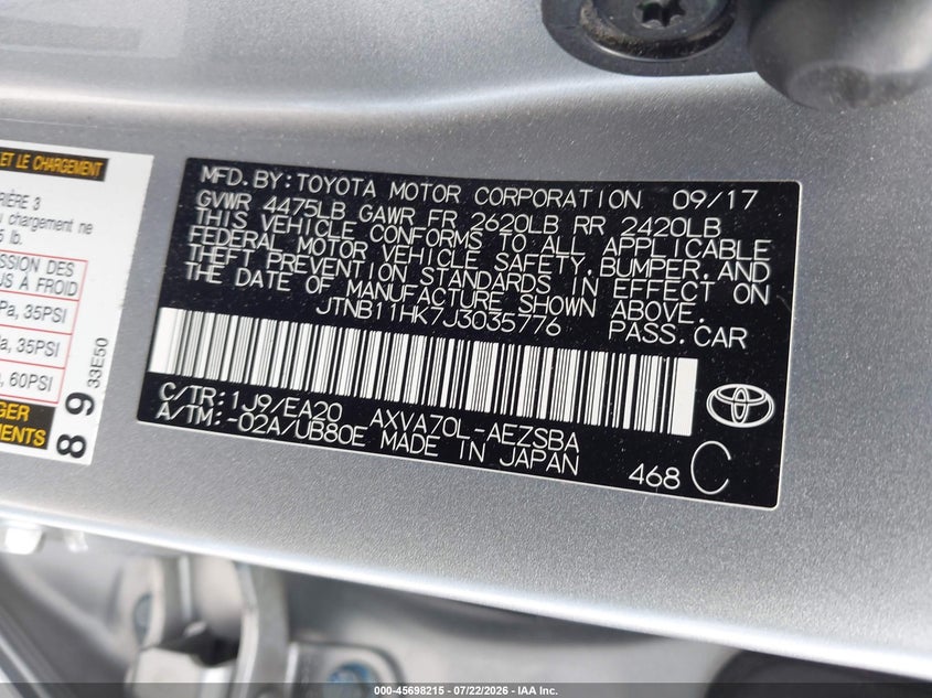 2018 Toyota Camry VIN JTNB11HK7J3035776 IAAI salvage auction — FRONT END, Salvage (California), sold $4,500 on 2026-07-29 (photo 9)