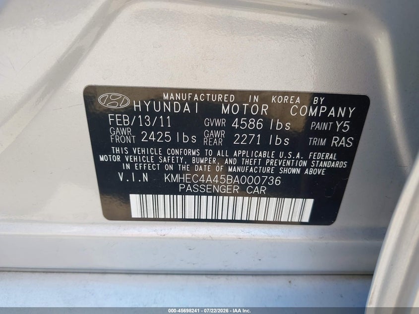 2011 Hyundai Sonata hybrid VIN KMHEC4A45BA000736 IAAI salvage auction — FRONT END, Salvage Certificate (California), sold $975 on 2026-07-31 (photo 9)