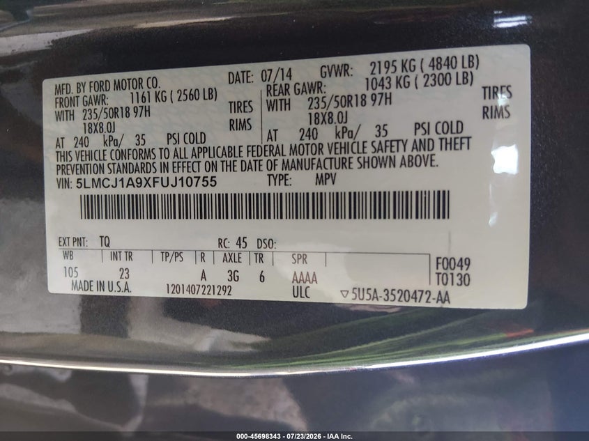 2015 Lincoln Mkc VIN 5LMCJ1A9XFUJ10755 IAAI salvage auction — FRONT END, Salvage Title, sold $1,150 on 2026-09-24 (photo 9)
