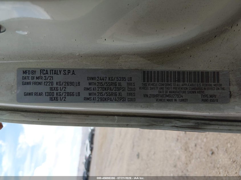 2021 Ram Promaster city VIN ZFBHRFAB3M6U27934 IAAI salvage auction — NORMAL WEAR, Salvage Title, sold $725 on 2026-07-28 (photo 9)