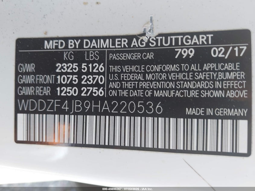 2017 Mercedes-benz E-klasse VIN WDDZF4JB9HA220536 IAAI salvage auction — FRONT END, Wait Title, sold $4,550 on 2026-08-03 (photo 9)