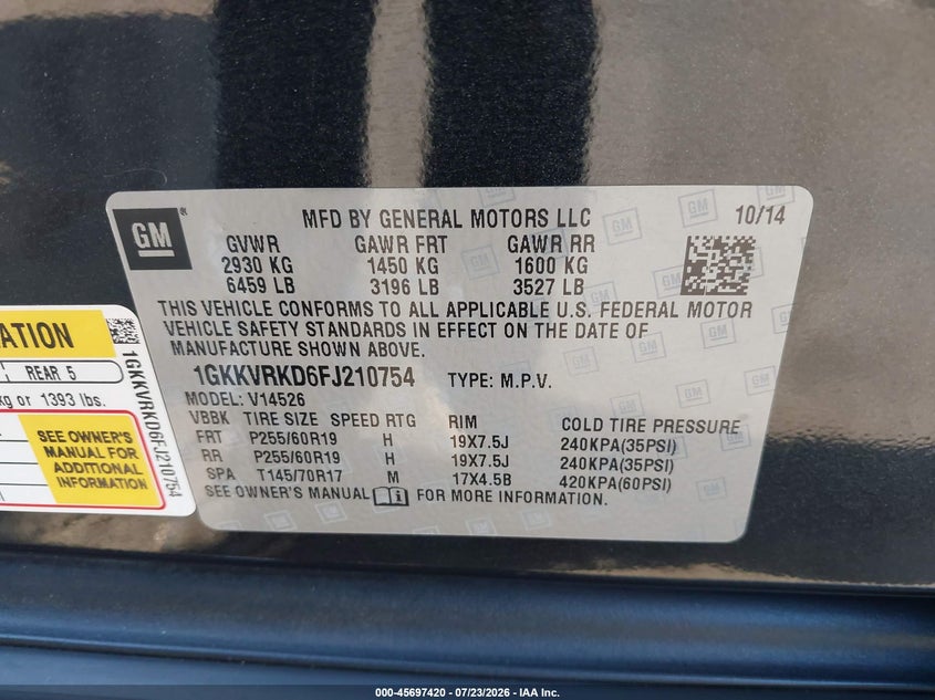 2015 Gmc Acadia VIN 1GKKVRKD6FJ210754 IAAI salvage auction — FRONT & REAR, Salvage Title, sold $2,000 on 2026-08-23 (photo 9)