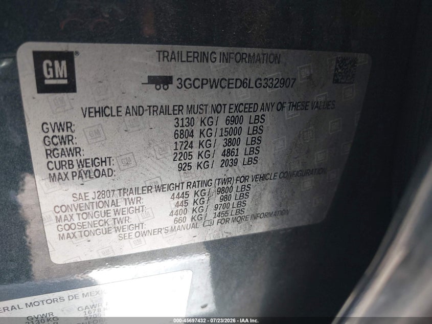 2020 Chevrolet Silverado VIN 3GCPWCED6LG332907 IAAI salvage auction — FRONT END, Salvage Title, sold $8,250 on 2026-09-16 (photo 9)