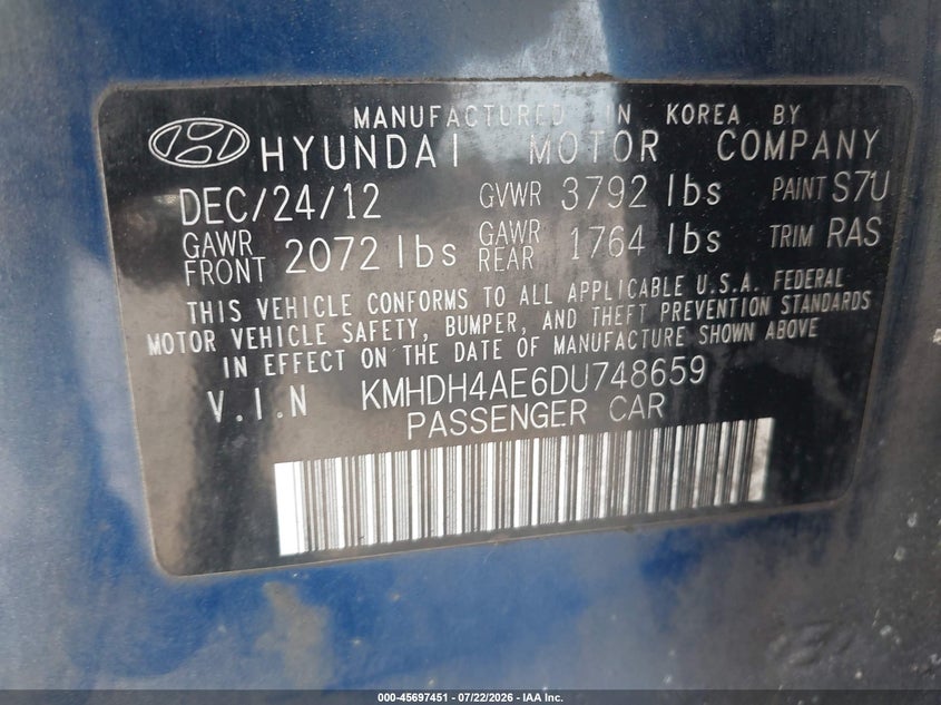 2013 Hyundai Elantra VIN KMHDH4AE6DU748659 IAAI salvage auction — NORMAL WEAR, Clear (Georgia), sold $300 on 2026-07-28 (photo 9)