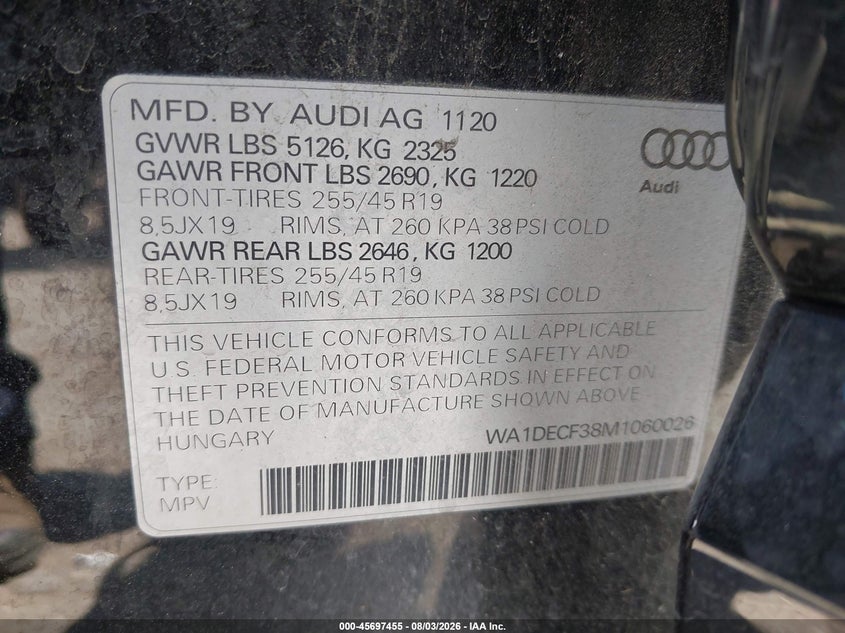 2021 Audi Q3 VIN WA1DECF38M1060026 IAAI salvage auction — FRONT END, Salvage Title, sold $9,775 on 2026-09-09 (photo 9)