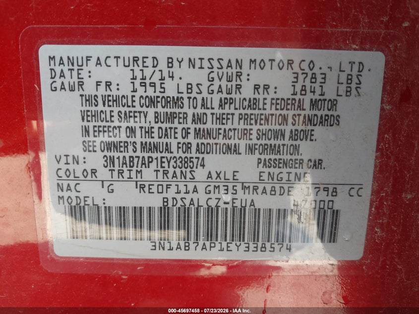 2014 Nissan Sentra VIN 3N1AB7AP1EY338574 IAAI salvage auction — FRONT END, Salvage Title, sold $475 on 2026-08-22 (photo 9)