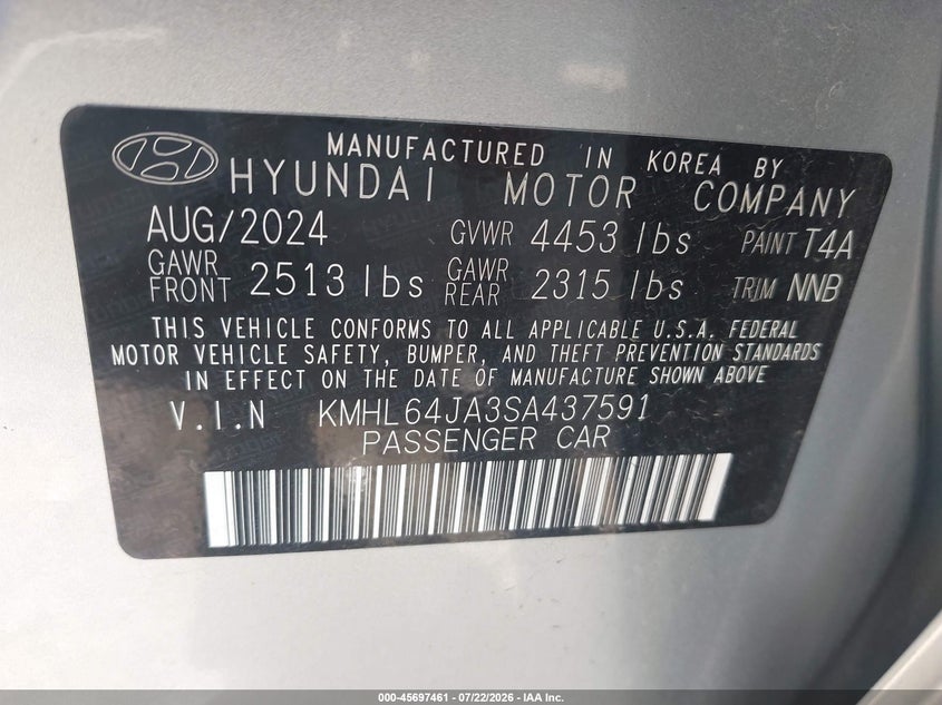 2025 Hyundai Sonata VIN KMHL64JA3SA437591 IAAI salvage auction — REAR END, Rebuildable (Florida), sold $25 on 2026-07-30 (photo 9)