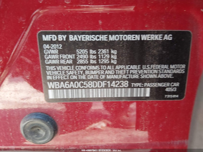 2013 BMW 6er VIN WBA6A0C58DDF14238 IAAI salvage auction — LEFT FRONT, Salvage Title, sold $2,700 on 2026-08-29 (photo 9)