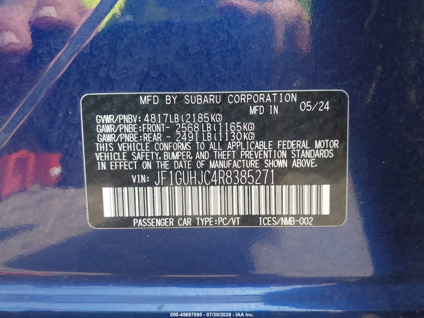 2024 Subaru Impreza VIN JF1GUHJC4R8385271 IAAI salvage auction — HAIL, Clear Claim Paid (Wisconsin), sold $14,500 on 2026-08-13 (photo 9)