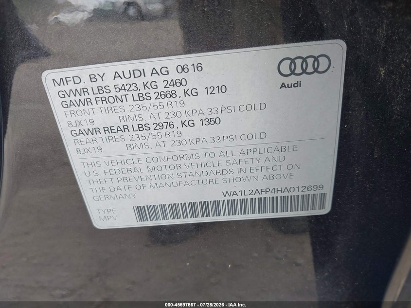 2017 Audi Q5 VIN WA1L2AFP4HA012699 IAAI salvage auction — RIGHT SIDE, Salvage (Massachusetts), sold $4,300 on 2026-08-19 (photo 9)