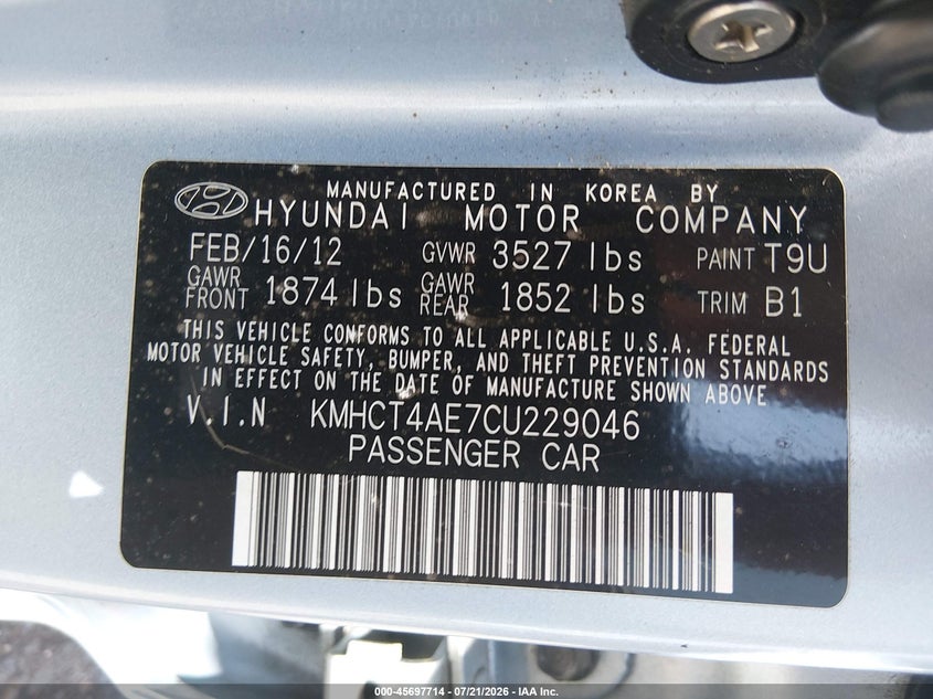 2012 Hyundai Accent VIN KMHCT4AE7CU229046 IAAI salvage auction — NORMAL WEAR, Clear (Louisiana), sold $275 on 2026-07-29 (photo 9)