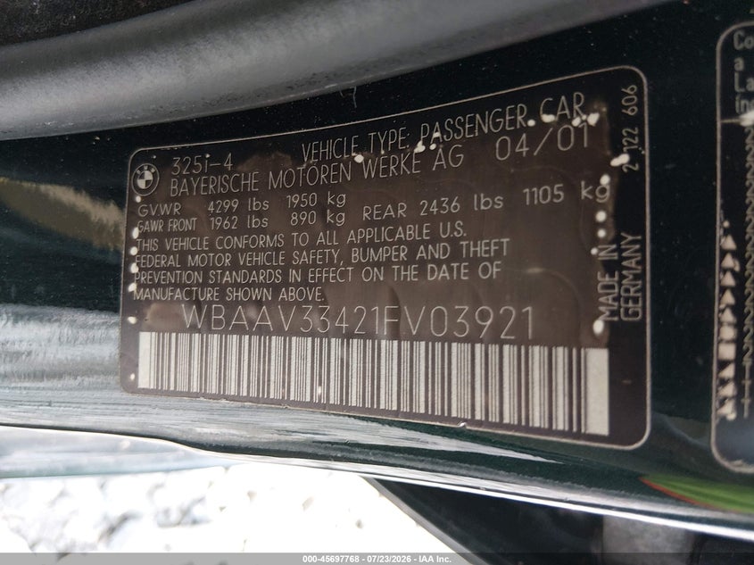 2001 BMW 3 series VIN WBAAV33421FV03921 IAAI salvage auction — NORMAL WEAR, Clear (Georgia), sold $25 on 2026-07-31 (photo 9)