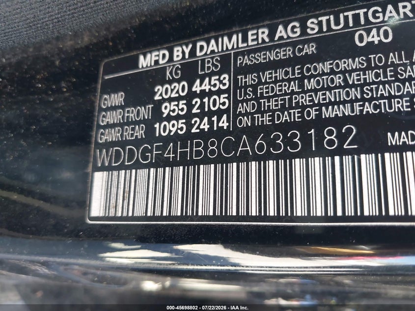 2012 Mercedes-benz C-klasse VIN WDDGF4HB8CA633182 IAAI salvage auction — FRONT END, Clear - Dealer Only (California), sold $300 on 2026-08-03 (photo 9)
